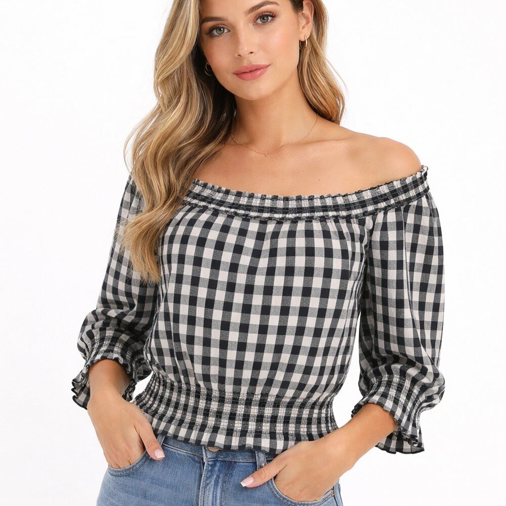 Tanya Taylor Gingham Puff Sleeve Crop Top Size L
